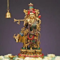 Ekaa Handicrafts Multicolour Brass Cow Krishna Statue With Stonework-image-57