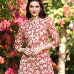 DECKEDUP Peach & Beige Cotton Floral Print Tunic-image-88