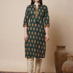 Fashor Green Cotton Straight Fit Printed Kurta-image-29