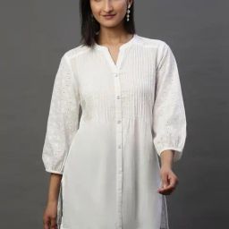 Aurelia White Cotton Embroidered Straight Short Kurti-45