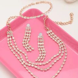Zaveri Pearls Rose Gold Marquise Cubic Zirconia Layered Necklace, Earring & Bracelet Set-ZPFK12576-26