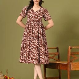 DECKEDUP Brown & White Cotton Printed Midi Dress-image-31