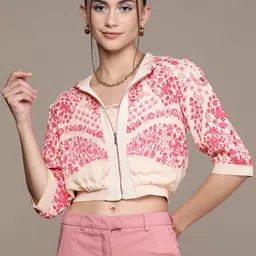 Label Ritu Kumar Women Pink Beige Floral Crop Bomber Jacket-36