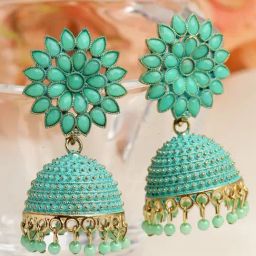 Moedbuille Handcrafted Meenakari Work Crystal Studded Floral Oxidized Gold-Plated Jhumki Earrings-image-49