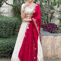 Moda Rapido Embroidered Sequinned Semi-Stitched Silk Lehenga & Unstitched Blouse & Dupatta-image-110
