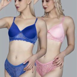 FIMS Blue & Pink Lace Work Bra Panty Sets - Pack Of 2-18