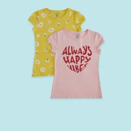 Pantaloons Junior Yellow & Pink Cotton Floral Print T-Shirt (Pack of 2)-image-18