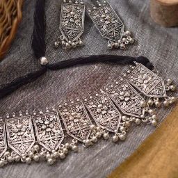 Teejh Dyuti Antique Silver Polish Necklace & Earrings Set-image-20