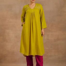 true Browns Lime Green Velvet Embroidered A Line Kurta-image-14