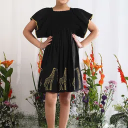 The Tribe Kids Floral Embroidered Flutter Sleeve Linen Fit & Flare Dress-28