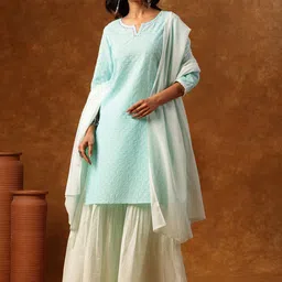 Anouk Floral Embroidered Notch Neck Thread Work Straight Kurta & Sharara With Dupatta-51