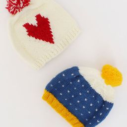Woonie Set Of 2 Heart Woven & Embroidered Bobble Caps - Cream & Blue-image-12