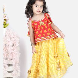 Bownbee Sleeveless Elephant Print Top With Leheriya Design Lehenga - Red-image-40