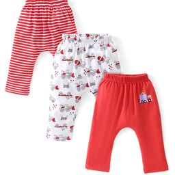 Babyhug Cotton Knee Length Diaper Leggings Striped & Construction Vehicles Printed Pack of 3 - Red & White-image-86