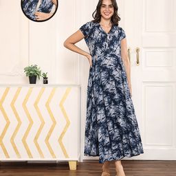 MomToBe Half Sleeves Abstract Printed Maternity Dress - Navy Blue-picture-6