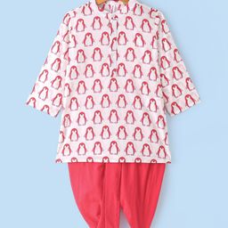 Babyhug 100% Cotton Woven Full Sleeves Penguin Printed Kurta Dhoti Set - Red & White-image-128