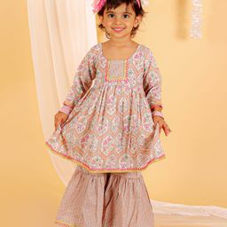 The Mom Store Full Sleeves Floral Motif Printed Anarkali Kurta & Sharara Set - Pink-image-35