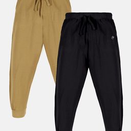 Kiddopanti Pack Of 2 Unisex Solid Track Pants - Khaki Brown & Black-image-92