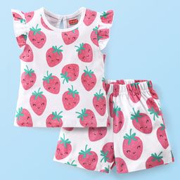 Babyhug Flutter Sleeves Night Suit With Strawberry Print - Pink-image-59