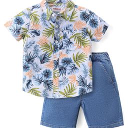 Babyhug Cotton Woven Half Sleeves Shirt & Denim Shorts Set Leaf Print - Blue-image-97