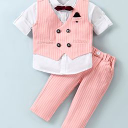 JASH KIDS Cotton Knit  Full Sleeves  Striped Party Suit with Bow - Peach-image-90