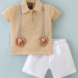 Little Kangaroos Cotton Knit Half Sleeves Lion Applique T-Shirt & Shorts Set - Beige & White-picture-14