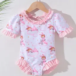 Kookie Kids Half Sleeves  V Cut Swimsuit with Bunny Print & Frill Detailing - Pink-picture-2