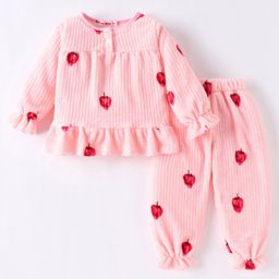 Kookie Kids Full Sleeves Winter Wear Night Suit with Strawberry Print - Pink-image-35