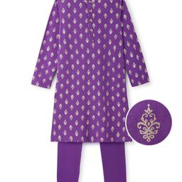 EARTHY TOUCH Woven Full SleevesDamask Printed Kurta Pyjama Set - Purple-image-87