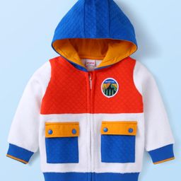 Babyhug Fleece Knit Full Sleeves Hooded Sweat Jacket With Colour Block Design & Text Patch - White-image-92