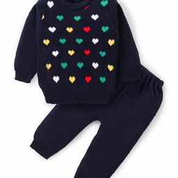 Babyhug Knitted Full Sleeves Pullover Sweater Set With Heart Design - Navy-image-31