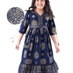 EARTHY TOUCH Single Jersey Knit Floral Foil Printed Ethnic Dress - Navy Blue-image-26