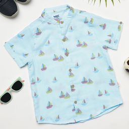 Milou Cotton Half Sleeves Boat Printed Shirt - Light Blue-image-99