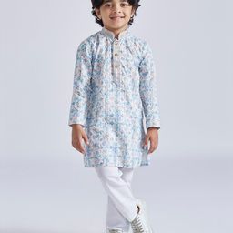 Vastramay Cotton Full Sleeves Abstract Printed & Embroidered Kurta & Pyjama Set - Aqua Blue-image-76