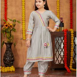 Aarika Three Fourth Sleeves Gota Lace Embellished Kurti Patiala Set - Grey-image-63