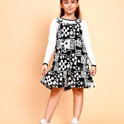 Little Marine Full Sleeves Abstract Printed Fit & Flared Dress With Inner Tee Set - Black & White-image-5