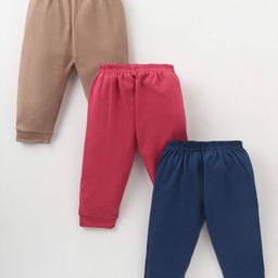 Zero Interlock Knit Full Length Solid Colour Lounge PantsPack of 3 - Red Navy & light Brown-image-35