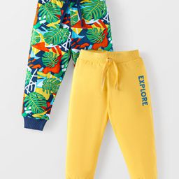 Babyhug Single Jersey Knit Full Length Lounge Pants with Tropical & Text Print Pack of 2 - Yellow & Navy-image-111