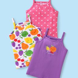 Babyhug 100% Cotton Knit Singlet Sleeves Polka Dots & Fruit Printed Slips Pack of 3 - Purple White & Pink-image-33
