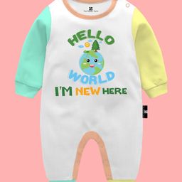 The Peppy Tend 100% Cotton Full Sleeves Hello World I'M New Here Text Printed Romper - Multi Colour-image-23