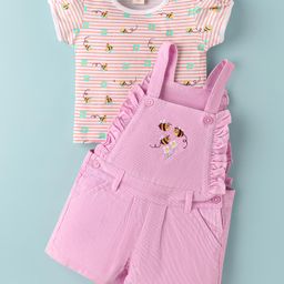 ToffyHouse Cotton Knit Dungaree & Half Sleeves T-Shirt With Floral & Honey Bee Print & Embroidery - Light Red-image-83