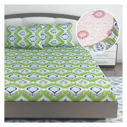 Divine Casa 144 TC Floral Print King Size Fitted Bedsheet | 100% Cotton, Skin-Friendly & Soft | 78 x 72 Inches, Forest Green-image-40