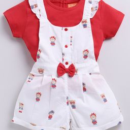Snuggly MONKEY Single Jersey Bears Printed Bow Applique Detailed Dungaree With Half Sleeves Top - White & Red-image-76