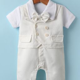 Mark & Mia Woven Half Sleeves Textured Party Romper With Attached Waistcoat & Bow - White-image-36
