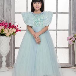 Tiny Kingdom Net Half Cap Sleeves Sequins Embellished Fur Detailed Gown - Green-image-2