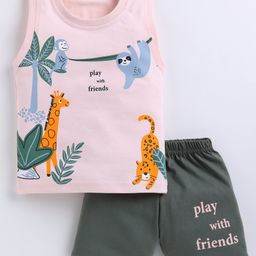 CUTOPIES Cotton Sleeveless Animals Printed Tee With Shorts Set - Peach-picture-30