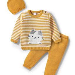 Babyhug Knitted Full Sleeves Striped Pullover Sweater Set With Kitty Patch Detailing & Cap - Golden-image-41