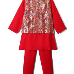 Babyhug Cotton Woven Full Sleeves Kurta & Pajama Set with Sequined & Embroidered Jacket - Red-image-94
