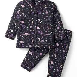CUCUMBER Sinker Knit Full Sleeves Co-ords Night Suit With Space Theme Print - Black-image-31
