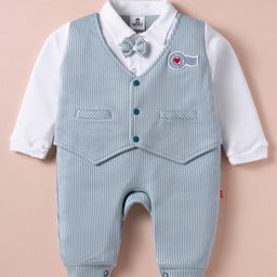 Mini Taurus Interlock Knit Full Sleeves Striped Party Romper With Patch Detailing & Bow Applique - Light Green-image-10